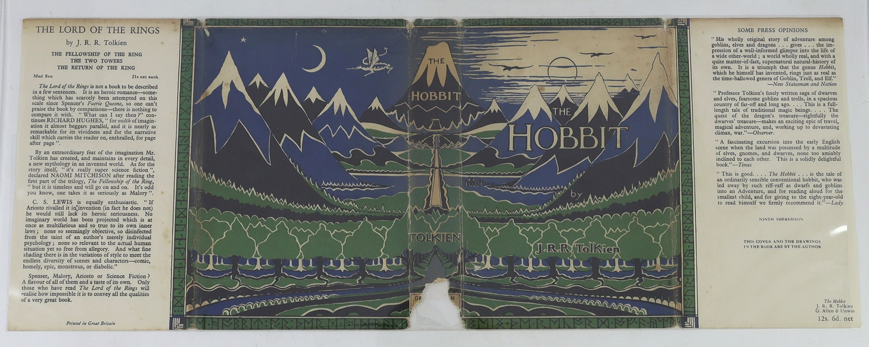 Tolkien, John Ronald Reuel - The Hobbit, 2nd edition, 9th impression, with colour frontispiece, map endpapers, original green cloth in unclipped d/j, with loss to foot of spine, bookplate to half title, covering an earli